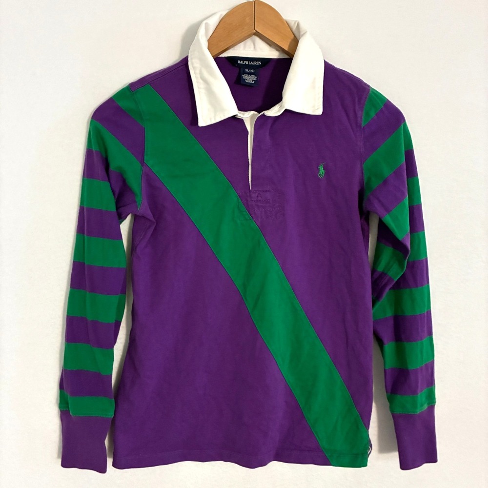 Vtg Ralph Lauren Rugby Polo Shirt Youth XL Striped Sash Pony Logo Preppy Golf